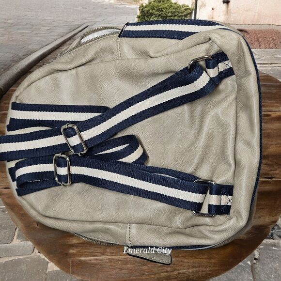 Faux Leather Gray Backpack Blue And White Belt Straps Travel Work Unisex READ - Picture 13 of 15